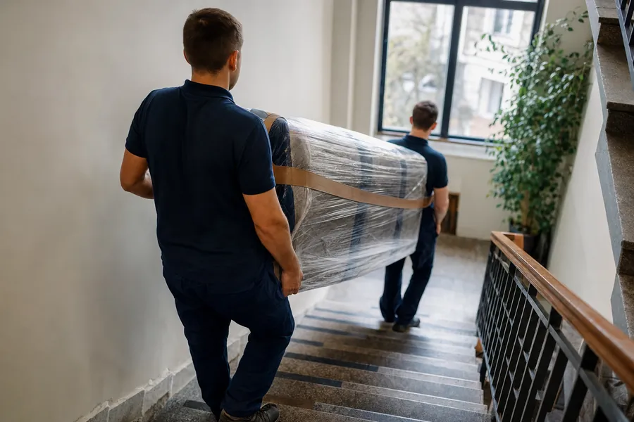 Doi colegi coboară o canapea ambalată pe scări